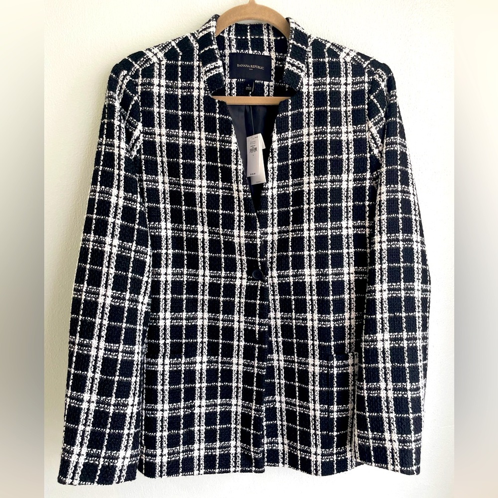 NWT Women BANANA REPUBLIC Boucle Jacket Blazer Plaid Gingham Black White - LG